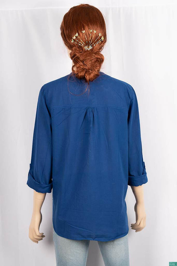 Ladies cuffed V neck buttoned loose fit regular use tops.