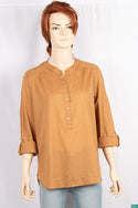 Ladies cuffed V neck buttoned loose fit regular use tops.