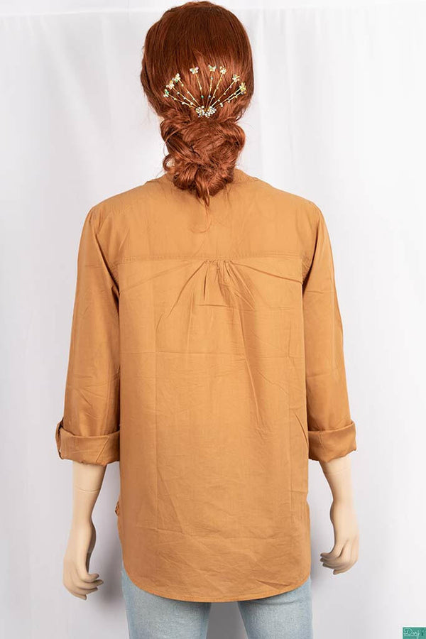 Ladies cuffed V neck buttoned loose fit regular use tops.