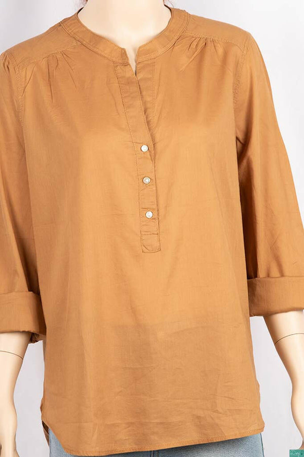 Ladies cuffed V neck buttoned loose fit regular use tops.