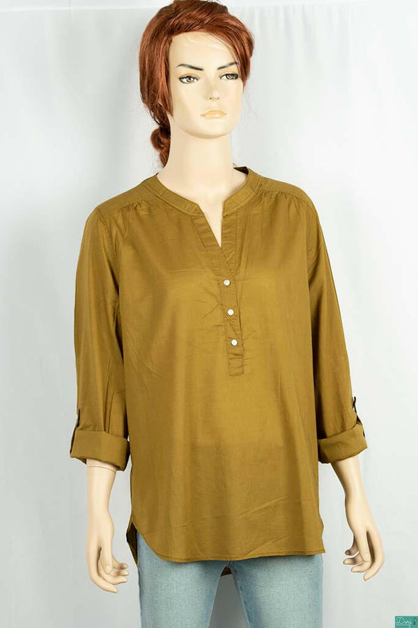 Ladies cuffed V neck buttoned loose fit regular use tops.
