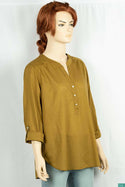 Ladies cuffed V neck buttoned loose fit regular use tops.