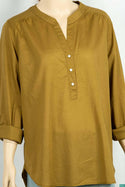 Ladies cuffed V neck buttoned loose fit regular use tops.