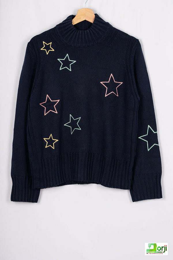High neck knit loose fit full sleeve sweater.100% cotton ladies warm sweater.