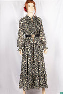 Ladies Smokey ruffles full sleeve double layered long dress with cuffed neck and ruffles chest in various colours print with a wide beautiful flare.