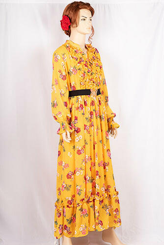 Ladies Smokey ruffles full sleeve double layered long dress with cuffed neck and ruffles chest in various colours print with a wide beautiful flare.