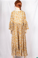 Ladies ruffles full sleeve double layered round neck with bigger buttons long frock dress with a nice flare (an optional light fashionable belt).