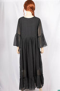 Ladies ruffles full sleeve double layered round neck with bigger buttons long frock dress with a nice flare (an optional light fashionable belt).
