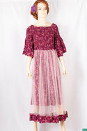 Ladies double layered long frock dress in various colours floral print with 3/4 Smokey ruffles sleeves and stretchy Smokey body.
