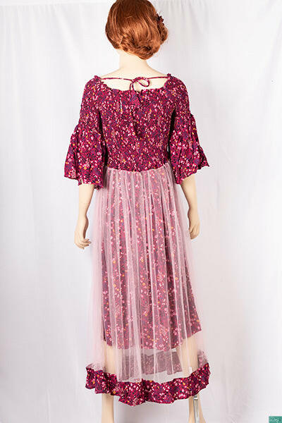 Ladies double layered long frock dress in various colours floral print with 3/4 Smokey ruffles sleeves and stretchy Smokey body.