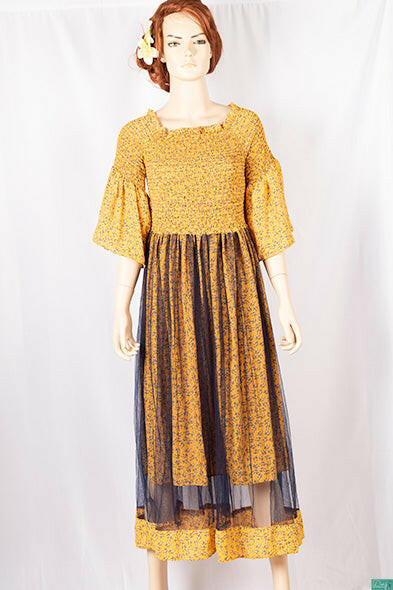 Ladies double layered long frock dress in various colours floral print with 3/4 Smokey ruffles sleeves and stretchy Smokey body.