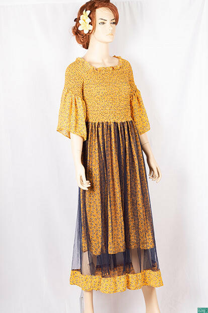 Ladies double layered long frock dress in various colours floral print with 3/4 Smokey ruffles sleeves and stretchy Smokey body.