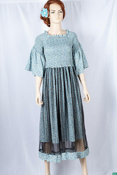 Ladies double layered long frock dress in various colours floral print with 3/4 Smokey ruffles sleeves and stretchy Smokey body.