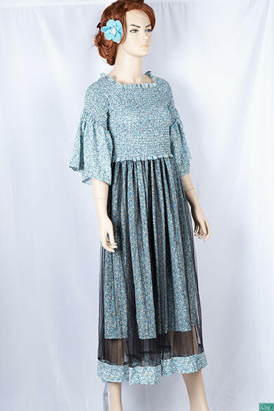 Ladies double layered long frock dress in various colours floral print with 3/4 Smokey ruffles sleeves and stretchy Smokey body.
