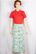Ladies casual fit mid length stretchy, stylish middle split skirts with buttons.
