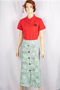Ladies casual fit mid length stretchy, stylish middle split skirts with buttons.