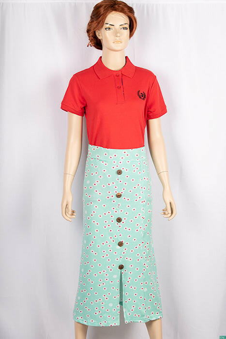 Ladies casual fit mid length stretchy, stylish middle split skirts with buttons.