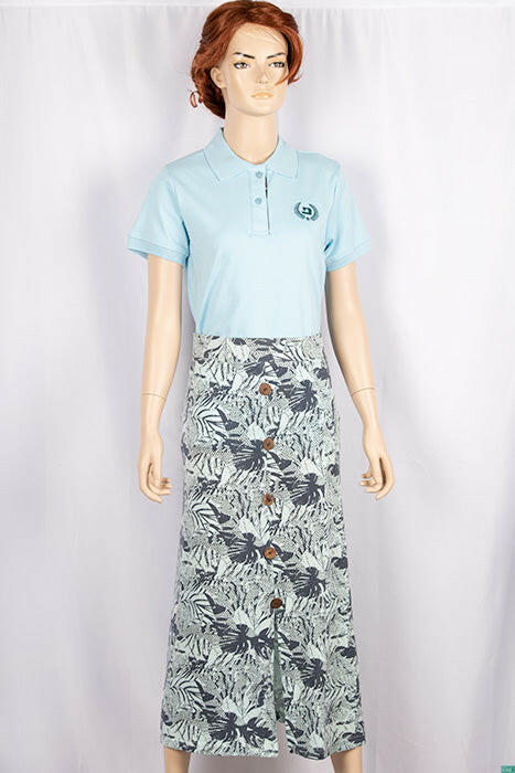 Ladies casual fit mid length stretchy, stylish middle split skirts with buttons.