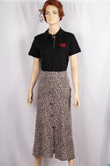 Ladies casual fit mid length stretchy, stylish middle split skirts with buttons.