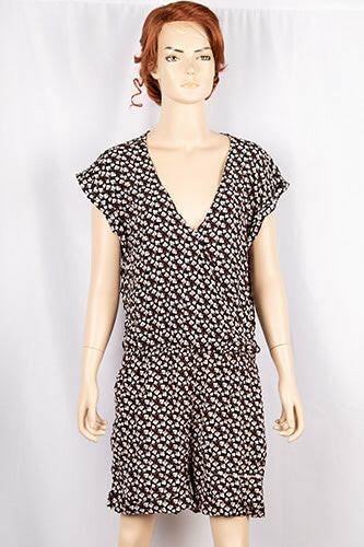 Ladies casual fit V neck short sleeve stylish romper with pockets in Pink Floral Print on Black.