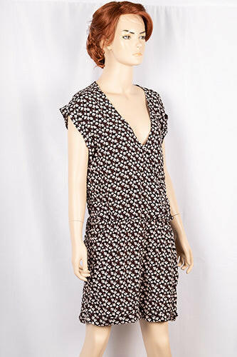 Ladies casual fit V neck short sleeve stylish romper with pockets in Pink Floral Print on Black.