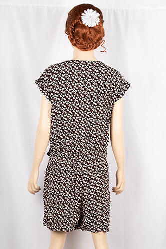 Ladies casual fit V neck short sleeve stylish romper with pockets in Pink Floral Print on Black.