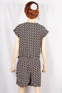 Ladies casual fit V neck short sleeve stylish romper with pockets in Pink Floral Print on Black.