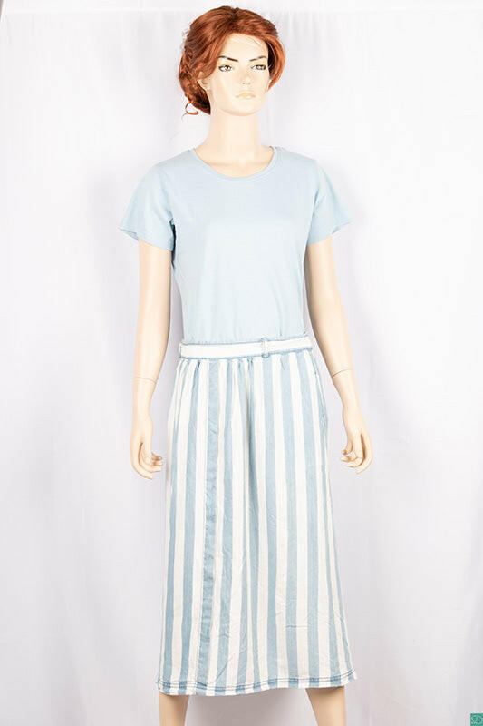 Ladies casual fit stretchy mid Length Sky blue & white striped Skirt with pockets.