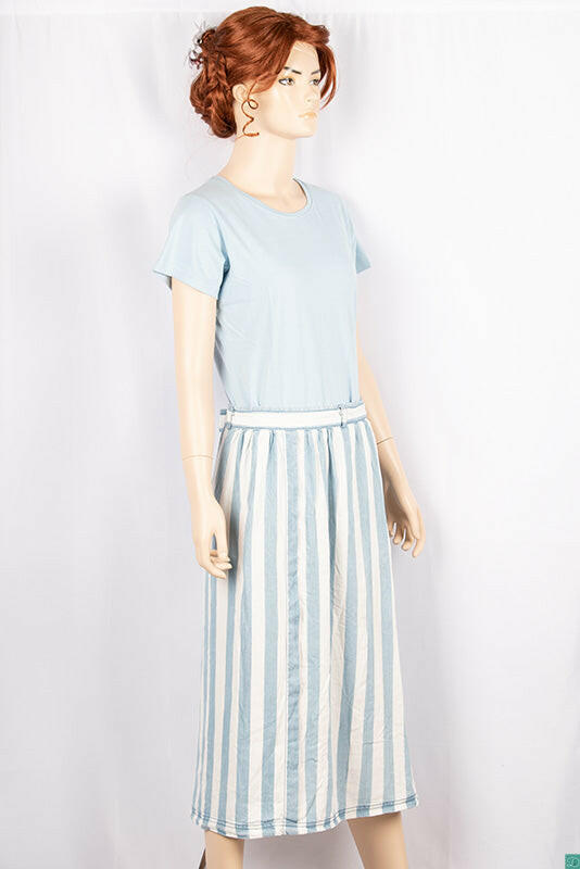 Ladies casual fit stretchy mid Length Sky blue & white striped Skirt with pockets.