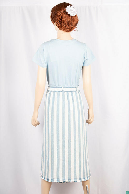 Ladies casual fit stretchy mid Length Sky blue & white striped Skirt with pockets.