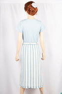 Ladies casual fit stretchy mid Length Sky blue & white striped Skirt with pockets.