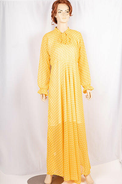 Ladies cuffed neck with lace Smokey ruffles full sleeve long gown dress in various colours print with a wide beautiful flare.