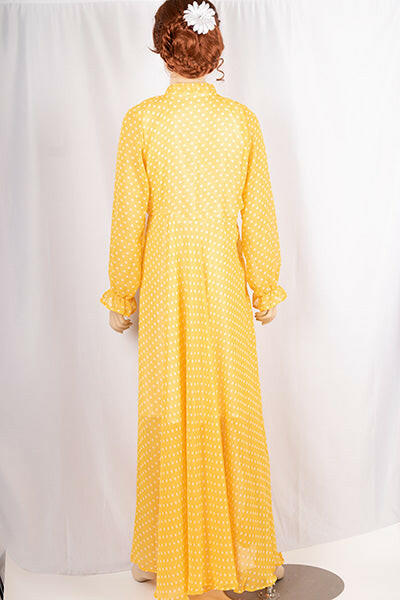 Ladies cuffed neck with lace Smokey ruffles full sleeve long gown dress in various colours print with a wide beautiful flare.