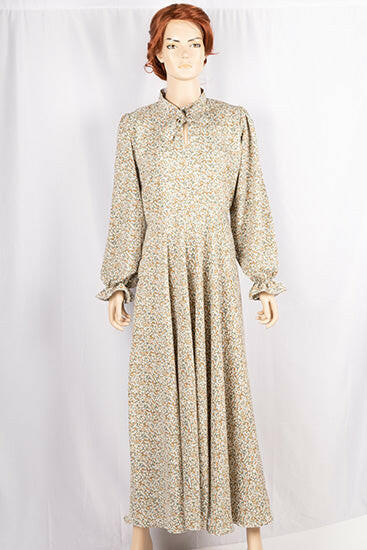 Ladies cuffed neck with lace Smokey ruffles full sleeve long gown dress in various colours print with a wide beautiful flare.