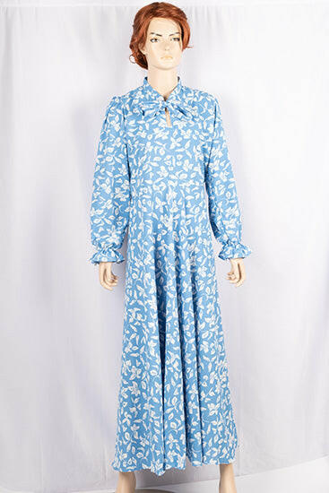 Ladies cuffed neck with lace Smokey ruffles full sleeve long gown dress in various colours print with a wide beautiful flare.