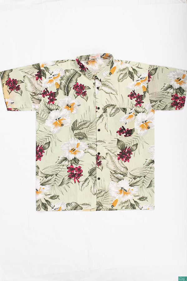 Men’s half sleeve slim fit White & Rose pink floral prints summer Shirts on pastel green.