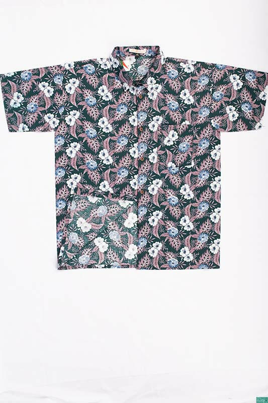 Men’s half sleeve slim fit White purplish ash floral print summer Shirts on jungle green.