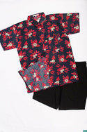 Men’s half sleeve slim fit red floral print summer Shirts on black.