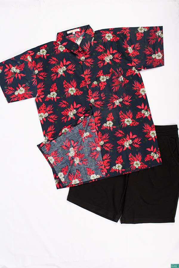Men’s half sleeve slim fit red floral print summer Shirts on black.