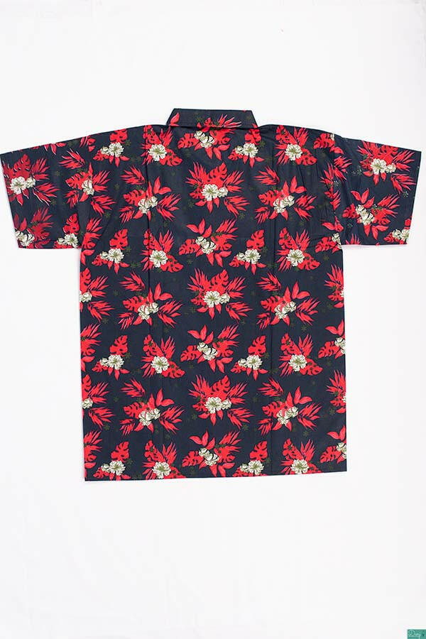 Men’s half sleeve slim fit red floral print summer Shirts on black.