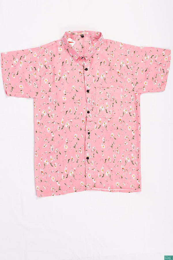 Men’s half sleeve slim fit White small floral print summer Shirts in Pink.