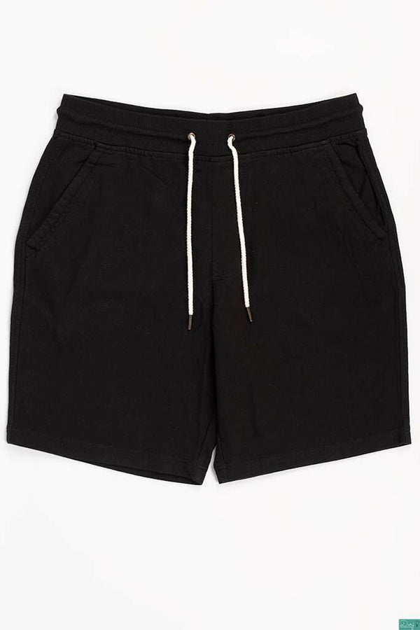 Men’s Comfortable Casual Shorts with pockets and elastic drawstring waist in Black.