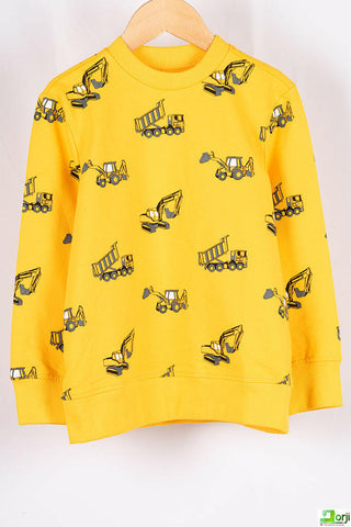 Boy's Crew neck casual fit full sleeve excavator jumper in yellow.