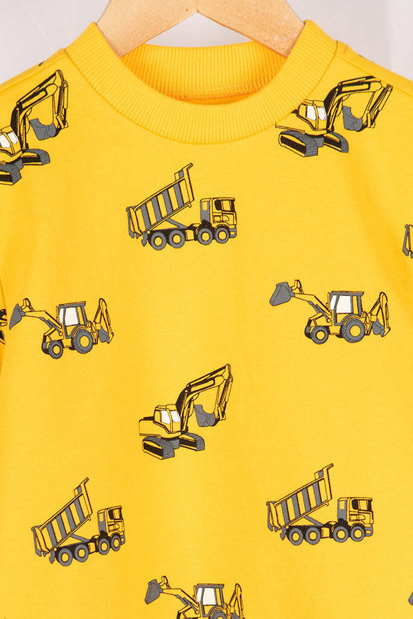Boy's Crew neck casual fit full sleeve excavator jumper in yellow.