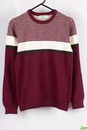 Boy's Crew neck casual fit full sleeve basket knitted jumper in Burgundy with B&W colour.