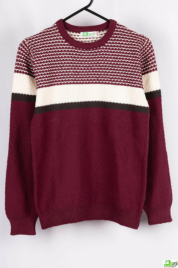 Boy's Crew neck casual fit full sleeve basket knitted jumper in Burgundy with B&W colour.