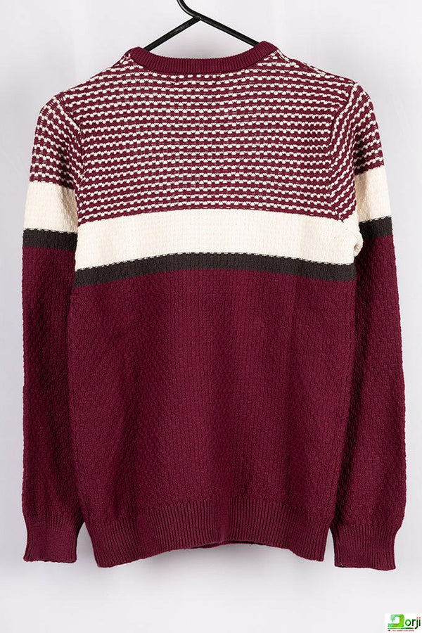 Boy's Crew neck casual fit full sleeve basket knitted jumper in Burgundy with B&W colour.