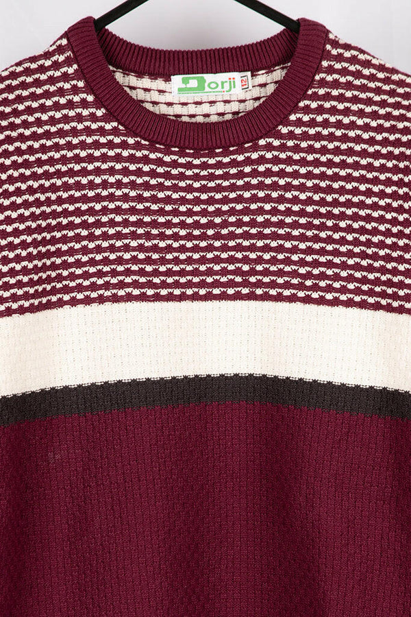 Boy's Crew neck casual fit full sleeve basket knitted jumper in Burgundy with B&W colour.