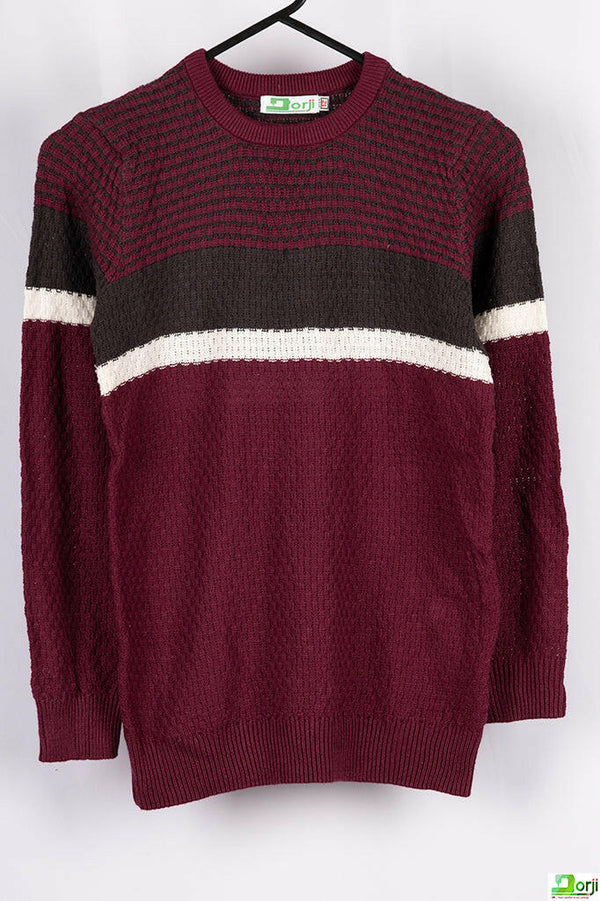 Boy's Crew neck casual fit full sleeve basket knitted jumper in Burgundy with B&W colour.