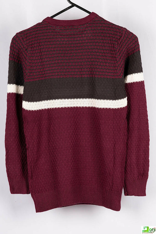 Boy's Crew neck casual fit full sleeve basket knitted jumper in Burgundy with B&W colour.